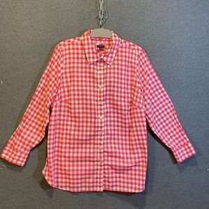 Talbots Womens Plus 1X Red White Gingham Cotton Button Down Floral Trim Shirt